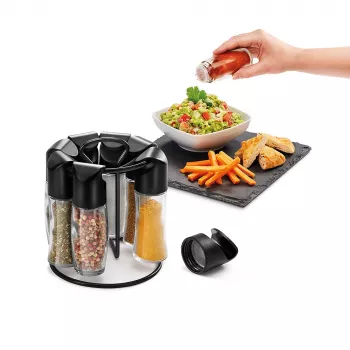 Metaltex Spice 8 otočný stojan na korenie, okrúhly, čierny, s 8 prázdnymi sklenenými nádobkami 252876080