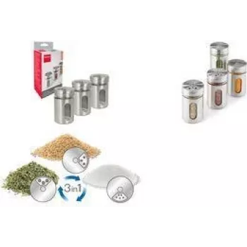 Metaltex Shake Line sada na korenie, 3 diely, sklo s nerezovými a plastovými otočnými viečkami, každý 100 ml 259851000