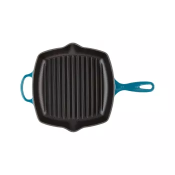 Le Creuset liatinová štvorcová grilovacia panvica 26x26 cm modrá