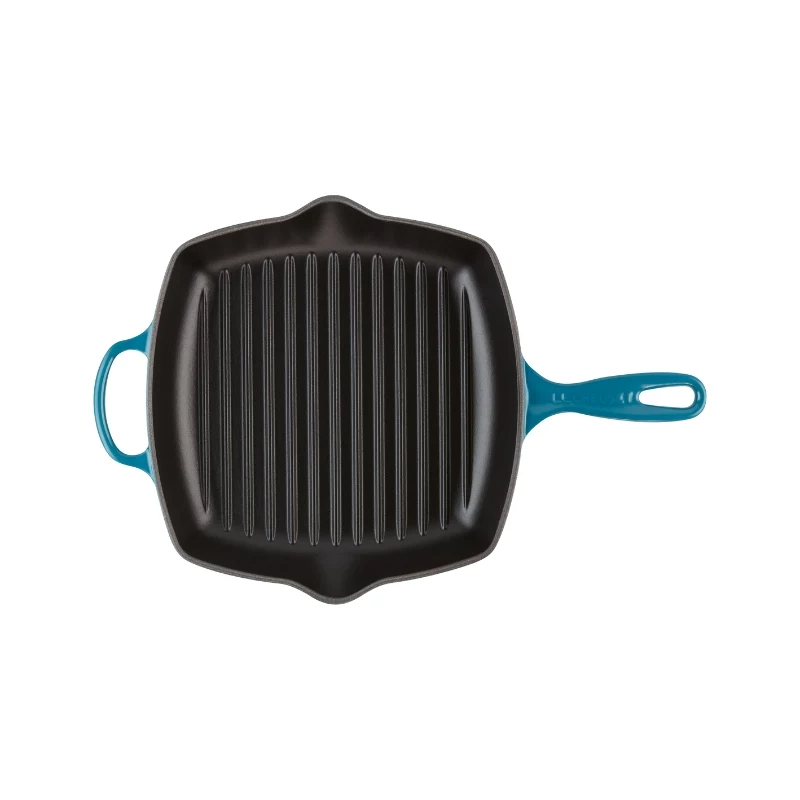 Le Creuset liatinová štvorcová grilovacia panvica 26x26 cm modrá