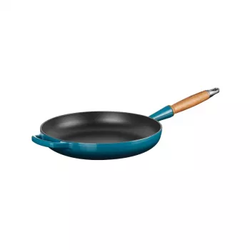 LE CREUSET liatinová panvica s drevenou rukoväťou Ø28cm modrá