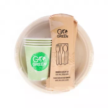 GOGREEN kompostovateľná pikniková súprava riadu pre 4 osoby, 24 dielov, rastlinná, prírodne biela