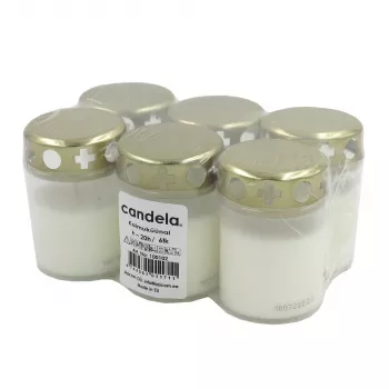 CANDELA cintorínske sviečky s viečkami, sada 6 ks, ~20 h doba horenia, biela