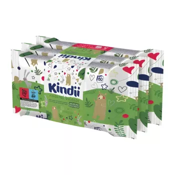 Kindii Natural Balance detské vlhčené obrúsky sada 3x60 ks - bez parfumácie, hypoalergénne, bez alkoholu