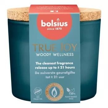 BOLSIUS True Joy vonná sviečka v skle s korkovým viečkom - Woody Wellness, Ø66x83 mm