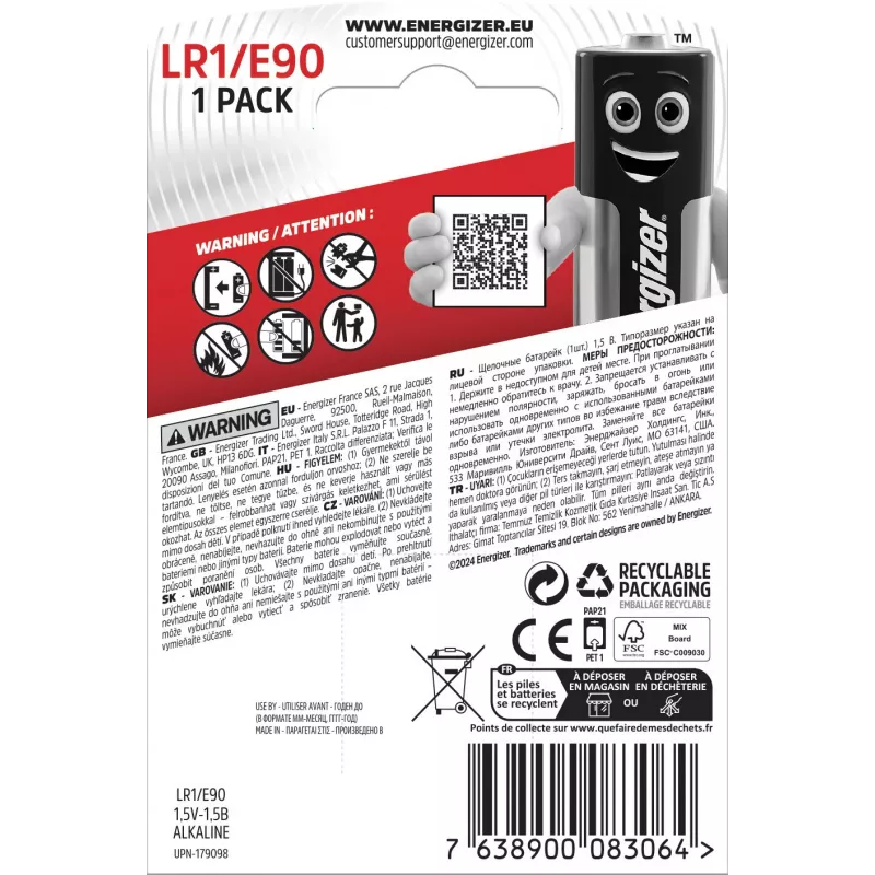 Energizer E90 Alkalická batéria, 1,5 V, 1000 mAh, balenie po 1 ks
