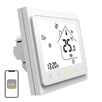 MOES BHT-002 Wi-Fi LCD Smart termostat pre vodné vykurovanie, dotykový displej, ovládanie aplikáciou a hlasom, biela