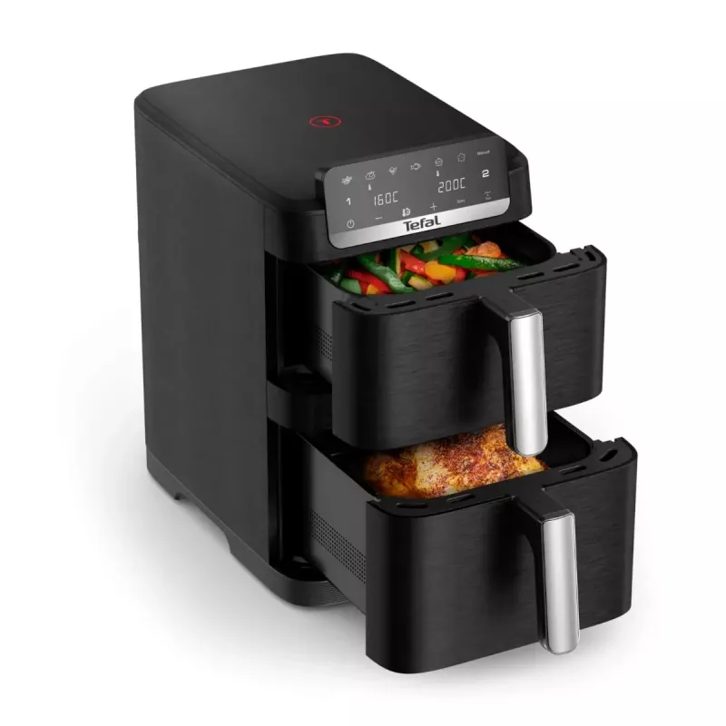 TEFAL dvojkošová teplovzdušná fritéza EY7528E0 Easy Fry Crispy Stack, 2700 W, 6 L + 4 L, čierna