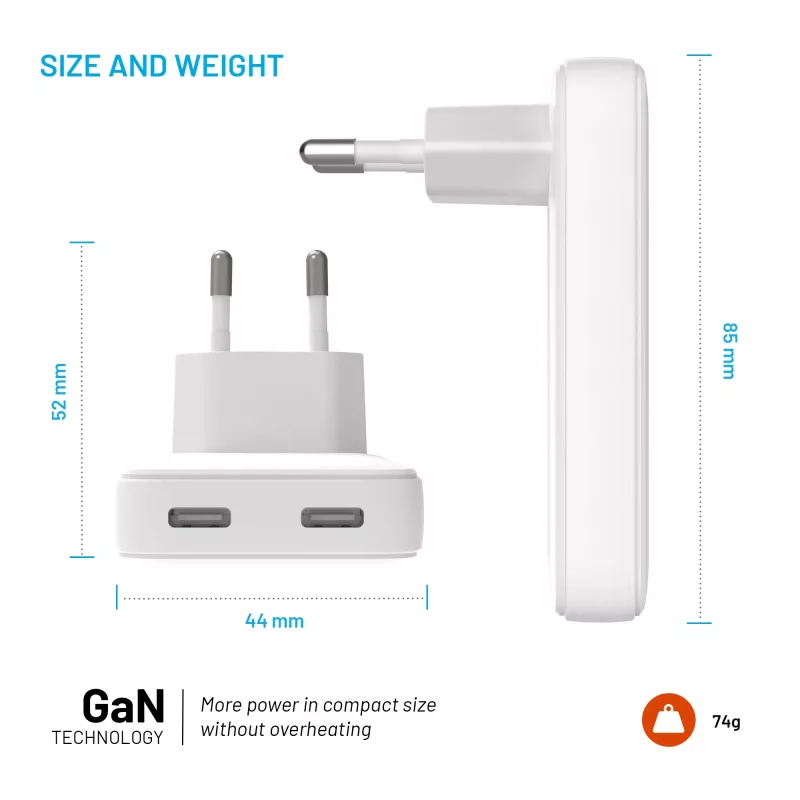 Fixed Slim 2xUSB-C cestovná nabíjačka 65W GaN PD biela