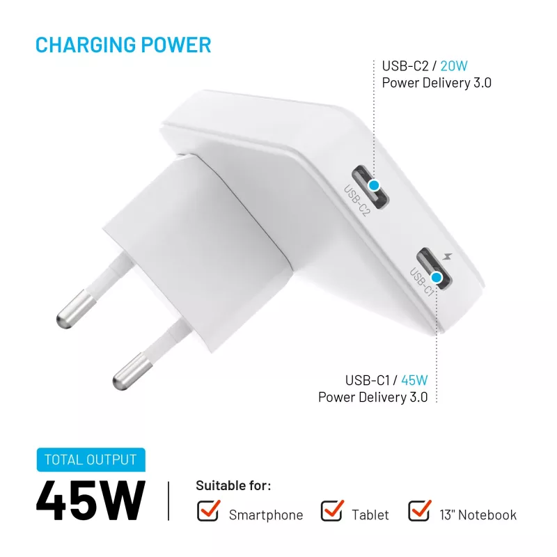 Fixed Slim Traveller 2xUSB-C cestovná nabíjačka so svetovými adaptérmi, GaN, 45W – biela