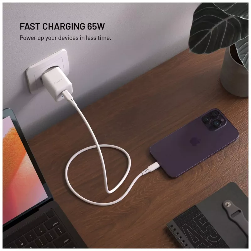 Fixed Mini 2x USB-C a USB GaN nabíjačka 65W biela