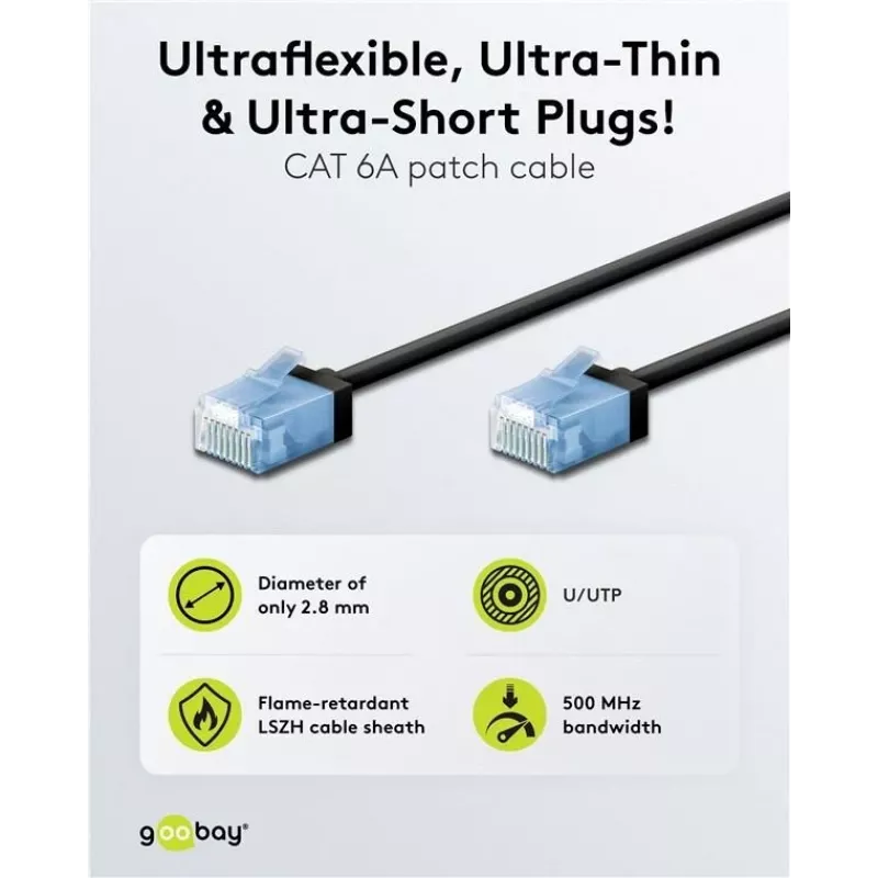 Goobay Ultraflexibilný CAT 6A Slim U/UTP patch kábel, čierny, 0,25 m, extra krátke Snagless konektory 74233