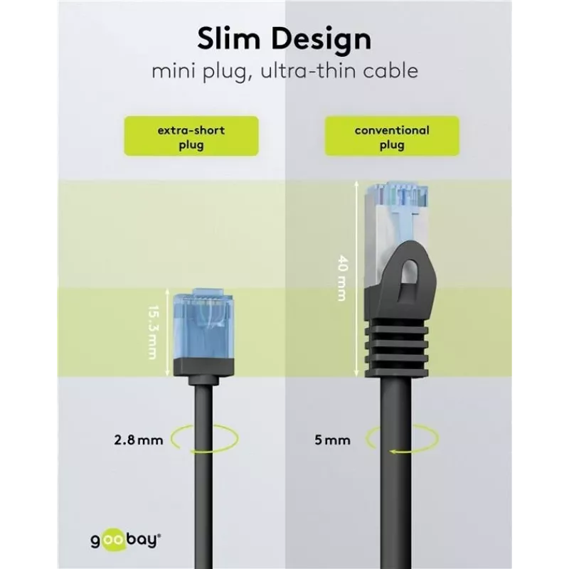 Goobay Ultraflexibilný CAT 6A Slim U/UTP patch kábel, čierny, 0,25 m, extra krátke Snagless konektory 74233