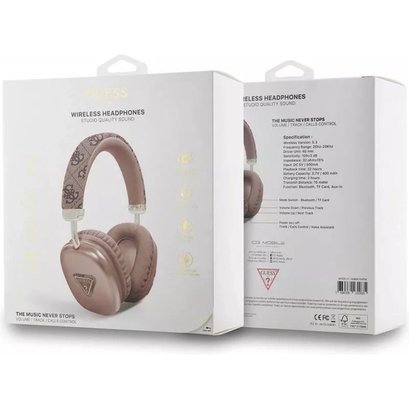 GUESS Bluetooth 5.3 Over-Ear slúchadlá s 4G Triangle logom, hnedé
