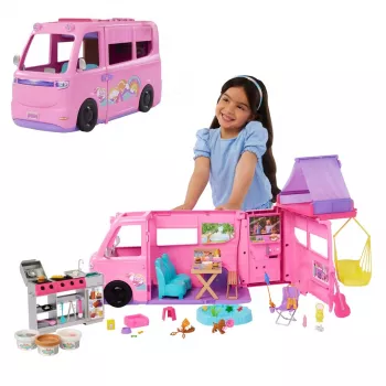 Barbie Dreamhouse Adventures bábkové obytné auto set, mení sa na obytné auto so 7 zónami, 60+ doplnkov, ružová
