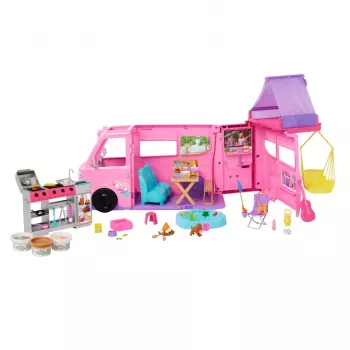 Barbie Dreamhouse Adventures bábkové obytné auto set, mení sa na obytné auto so 7 zónami, 60+ doplnkov, ružová
