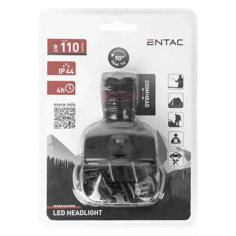 ENTAC EHL-ZOOM-1W-PL Zoom 1W LED čelová lampa, čierna
