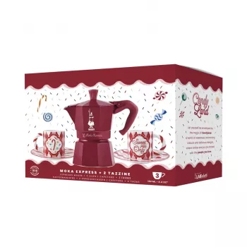Bialetti Candyland Moka Express 3TZ ručný kávovar sada, 150 ml, červená + 2 šálky