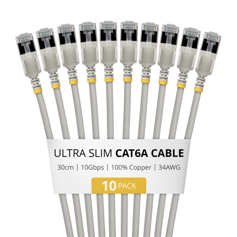 StarTech.com Slim Cat6a U/FTP patch kábel RJ45, 0,3 m, sivý, balenie 10 ks