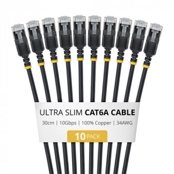 StarTech.com Slim Cat6a U/FTP patch kábel RJ45, 0,3 m, čierny, balenie 10 ks