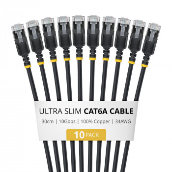 StarTech.com Slim Cat6a U/FTP patch kábel RJ45, 0,3 m, čierny, balenie 10 ks
