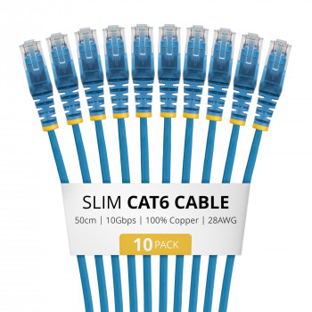 StarTech.com N6PAT50CMBLS10PK Slim Cat6 patch kábel, RJ45, 0,5 m, modrý, balenie 10 ks