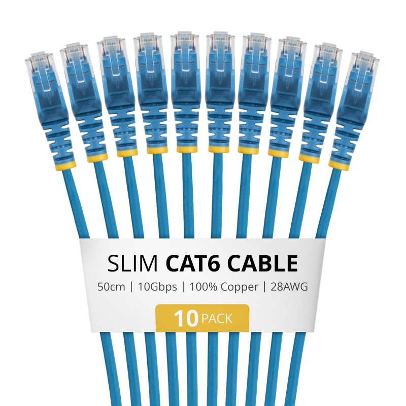 StarTech.com N6PAT50CMBLS10PK Tenký prepojovací kábel Cat6, RJ45, 0,5 m, modrý, balenie 10 ks