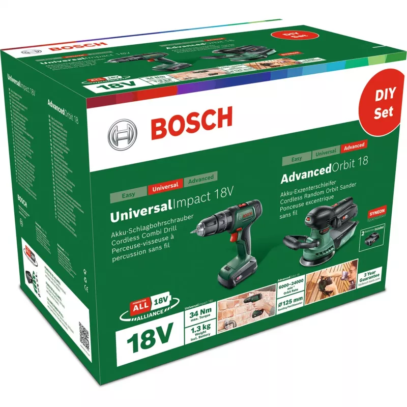 Bosch DIY sada UniversalImpact 18V + AdvancedOrbit 18V, 2x 2,0Ah Li-Ion batéria, akumulátorová príklepová vŕtačka + akumulátorová excentrická brúska, zelená (06039D410A)