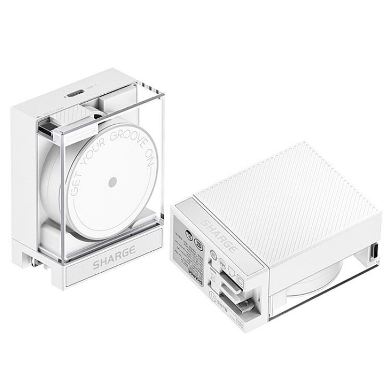 SHARGE zásuvná 65 GaN nabíjačka, 65W, 2x USB-C, integrovaný USB-C kábel – biela