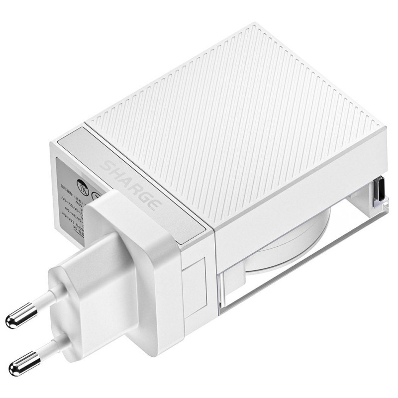 SHARGE zásuvná 65 GaN nabíjačka, 65W, 2x USB-C, integrovaný USB-C kábel – biela