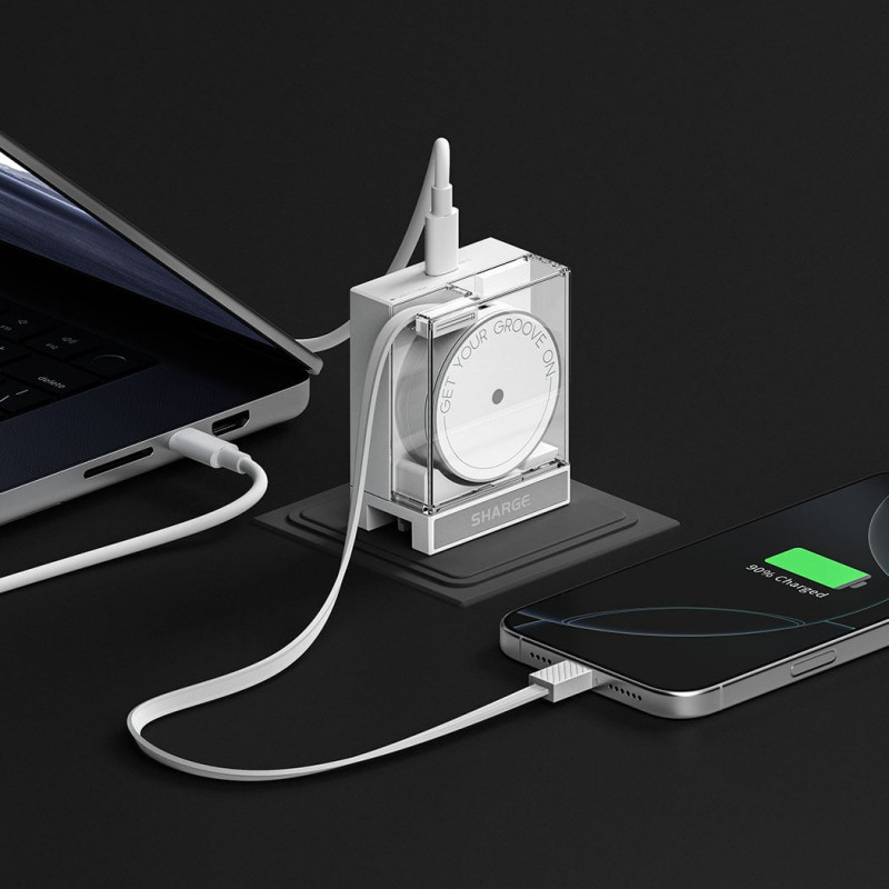 SHARGE zásuvná 65 GaN nabíjačka, 65W, 2x USB-C, integrovaný USB-C kábel – biela
