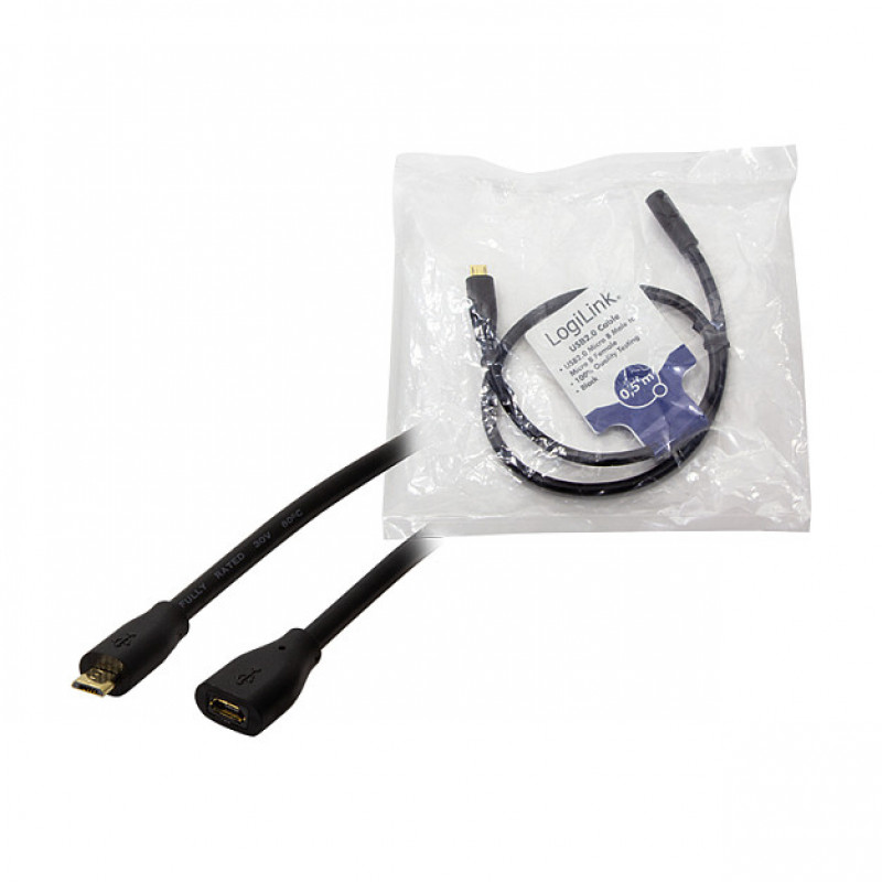 LogiLink CU0120 USB 2.0 predlžovací kábel, Micro-USB B konektor samec na Micro-USB B konektor samica, 0,5 m, čierny