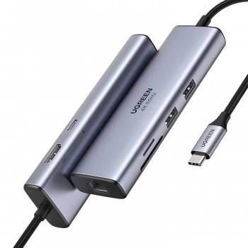 UGREEN 60515 7-in-1 USB-C multiport adaptér, 4K HDMI, Gigabit Ethernet, 100 W PD, sivý
