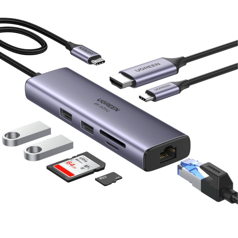 UGREEN 60515 7-in-1 USB-C multiport adaptér, 4K HDMI, Gigabit Ethernet, 100 W PD, sivý