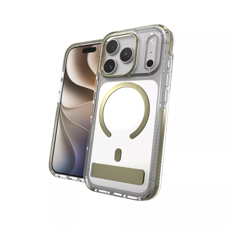 Zagg Santa Cruz Snap kovové puzdro so stojanom pre iPhone 18 Pro / 17 Pro, zlatá