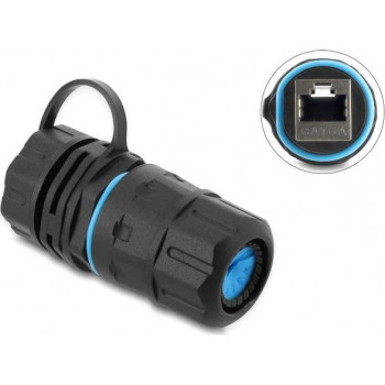 Delock káblový konektor RJ45 samica na RJ45 samica Cat.6A so závitom M23.5 x 1.5 mm a krytkou s puzdrom IP68 prachotesný a vodotesný (91841)