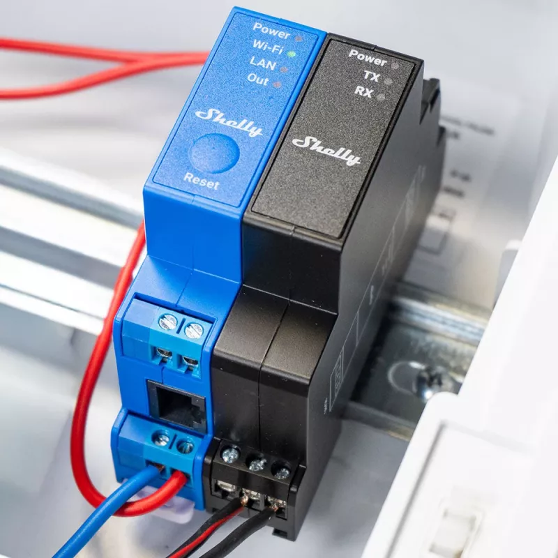 Shelly Pro Modbus Add-on RS485, príslušenstvo na DIN lištu