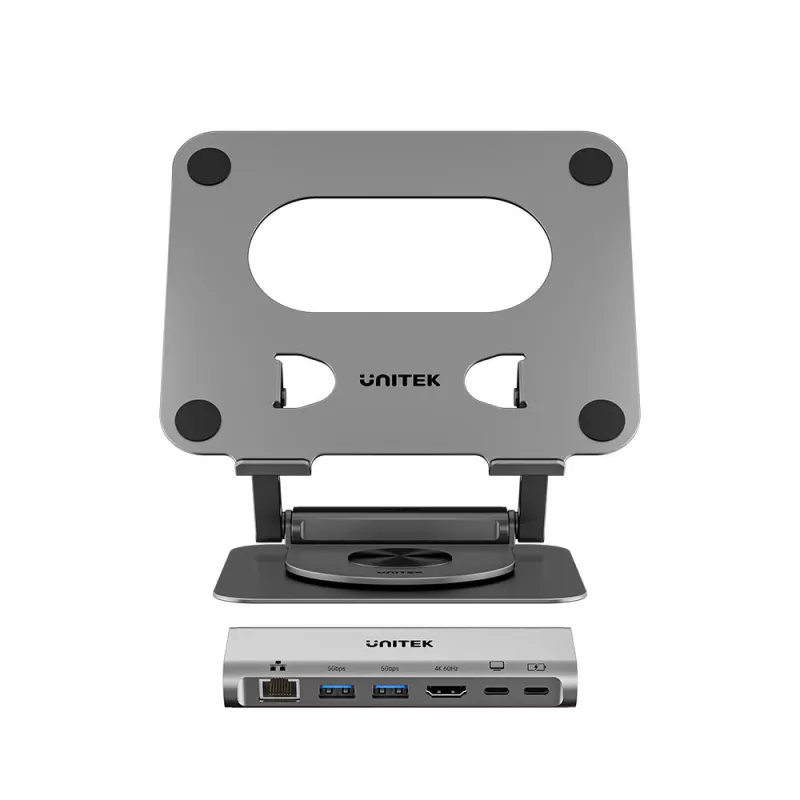 Unitek stojan na notebook s odnímateľným 5-in-1 USB-C hubom - 2x USB-A 5Gbps, HDMI 4K@60Hz, RJ45, PD 100W (D1109CGY01)