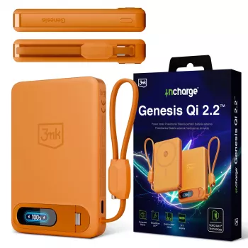 3mk incharge® Genesis Qi 2 25W bezdrôtová nabíjačka + PD45W, integrovaný USB-C kábel, oranžová