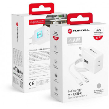 Forcell F-Energy GaN III Crystal Color VT-60 60W PD QC 4.0 2x USB-C nástenná nabíjačka biela + kábel