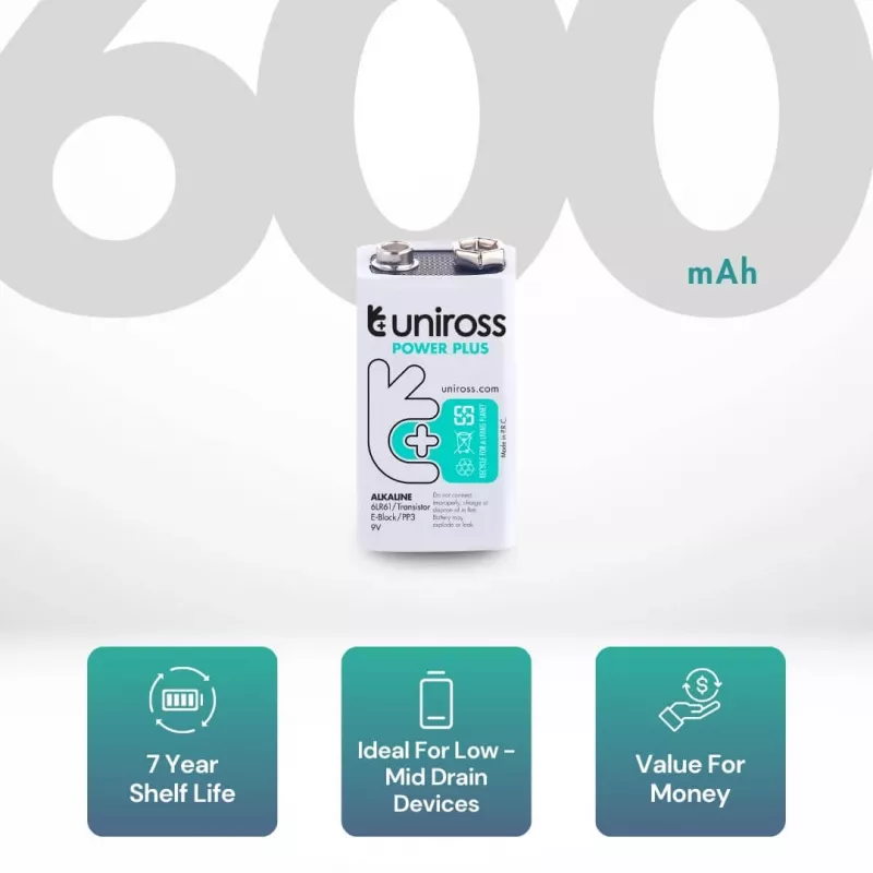 Uniross Power Plus alkalická batéria 6LR61 9V 600mAh, 1 ks