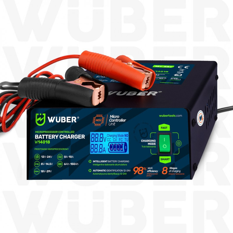 Wuber W14018 mikroprocesorová nabíjačka autobatérií, 10 A, 6-150 Ah, 2-24 V
