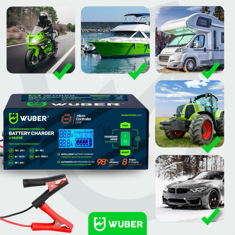 Wuber W14018 mikroprocesorová nabíjačka autobatérií, 10 A, 6-150 Ah, 2-24 V