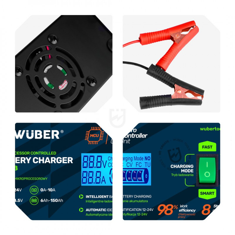 Wuber W14018 mikroprocesorová nabíjačka autobatérií, 10 A, 6-150 Ah, 2-24 V