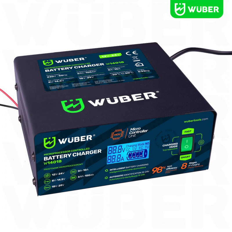 Wuber W14018 mikroprocesorová nabíjačka autobatérií, 10 A, 6-150 Ah, 2-24 V