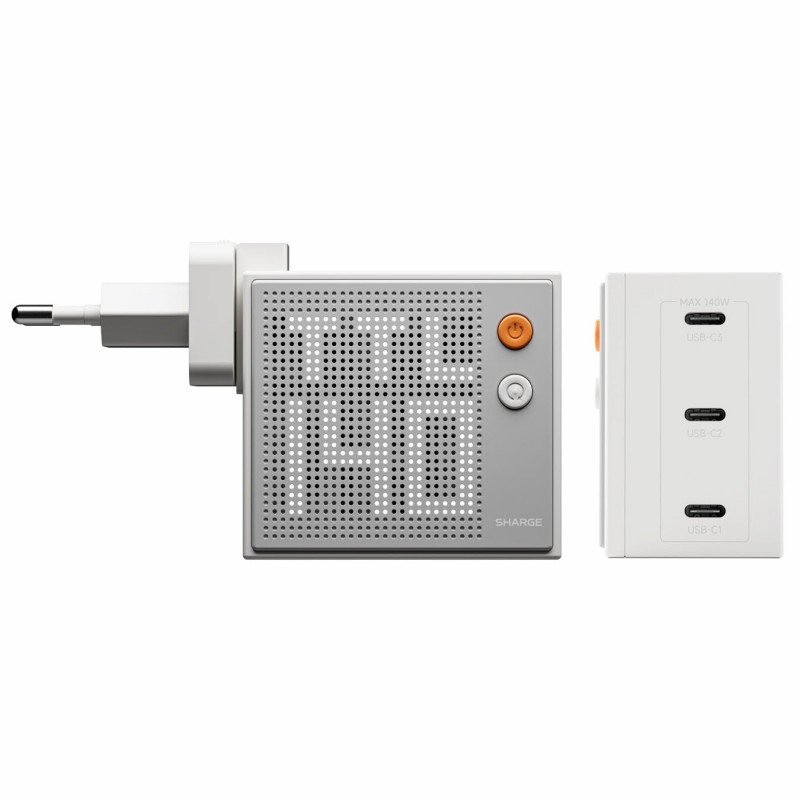 SHARGE Pixel 140 GaN nabíjačka, 140W, 3x USB-C, Dot-Matrix displej - biela
