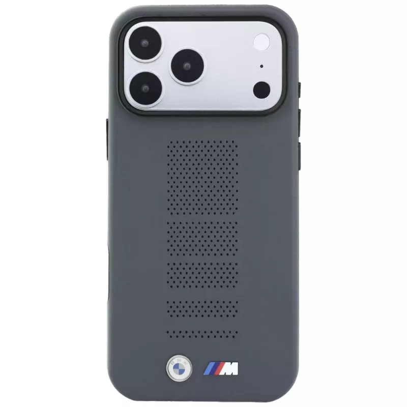 BMW M Blue Perfo Metal Logo MagSafe puzdro pre iPhone 18 Pro / 17 Pro, sivá