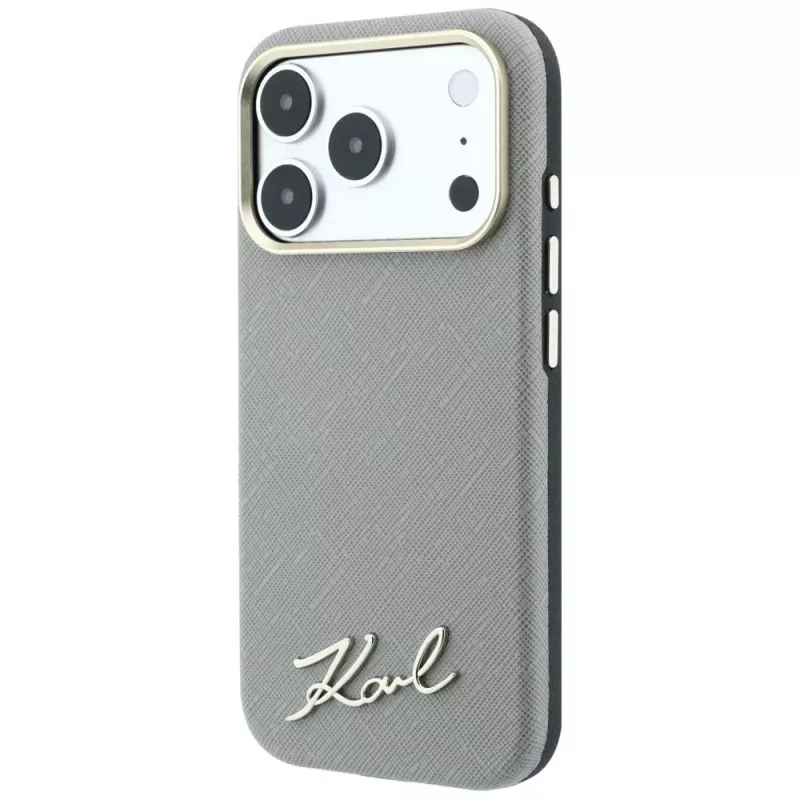 Karl Lagerfeld Saffiano malé Script kovové logo MagSafe puzdro pre iPhone 18 Pro Max / 17 Pro Max, béžová