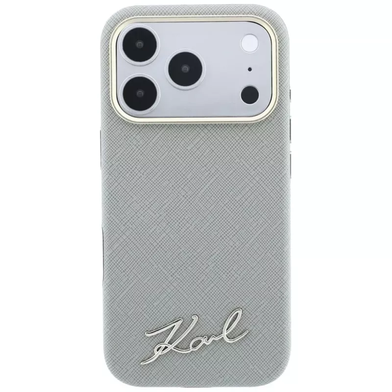 Karl Lagerfeld Saffiano malé Script kovové logo MagSafe puzdro pre iPhone 18 Pro Max / 17 Pro Max, béžová