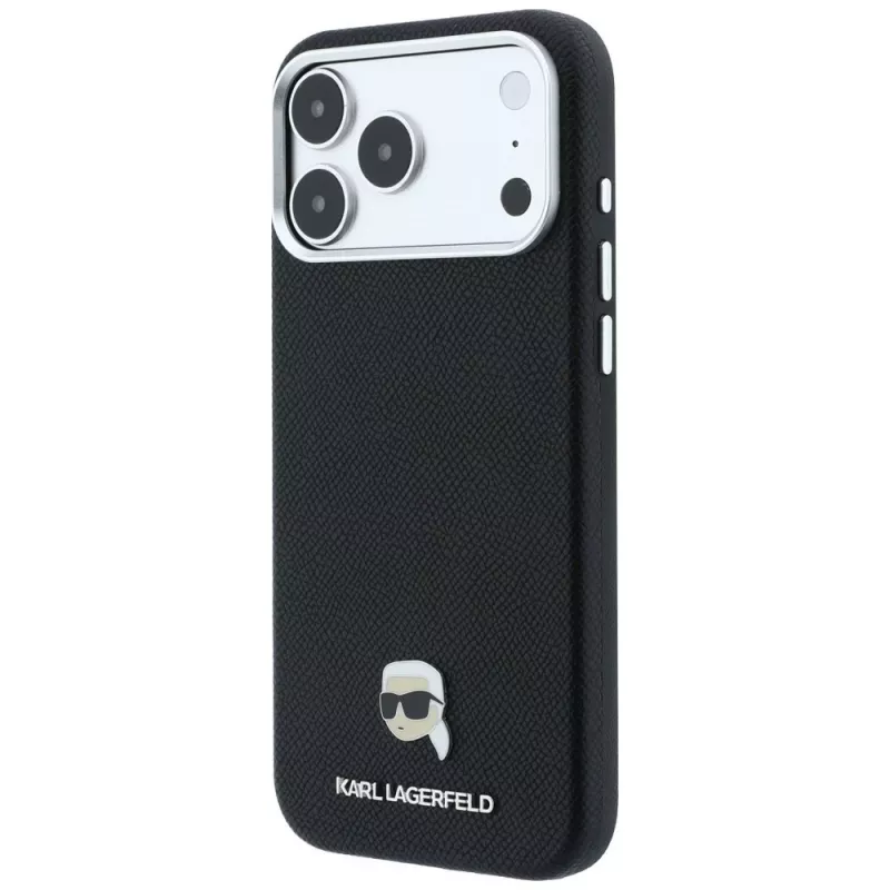Karl Lagerfeld zrnitá Karl Head kovové logo MagSafe puzdro pre iPhone 18 Pro Max / 17 Pro Max, čierna